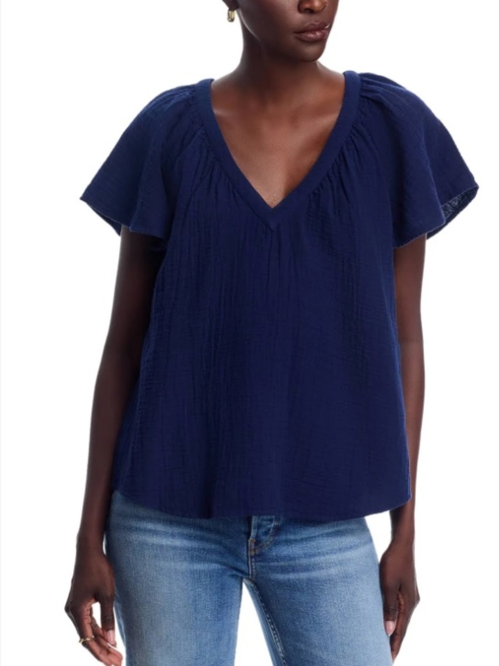 Tommy Bahama-SMALL-Navy V-Neck Flutter Sleeve Blouse- Island Gauze Cotton